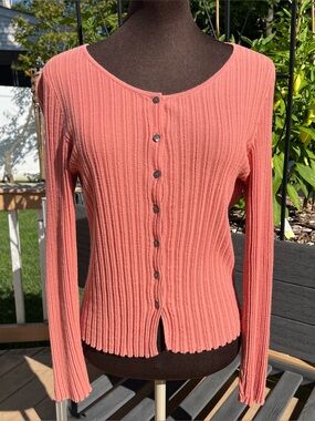 Vtg J. Jill 100% Cotton Ribbed Terracotta Long Sleeve Cardigan Size S 90s Y2K